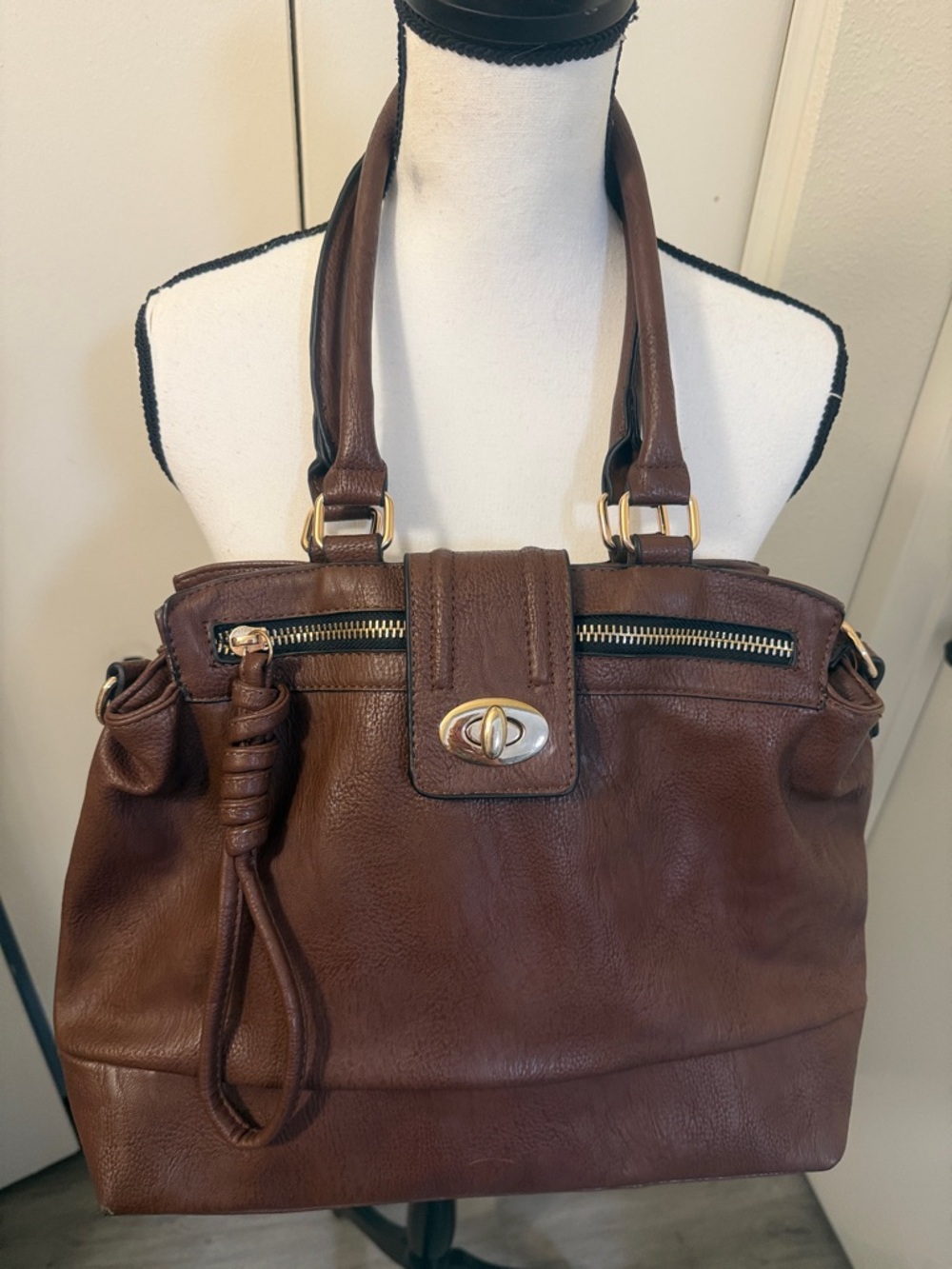 Miztique Brown Faux Leather Shoulder Bag with Gold Hardware